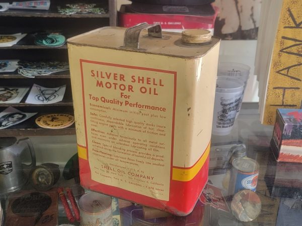 Silver Shell Motor Oil Can Two Gallon Back