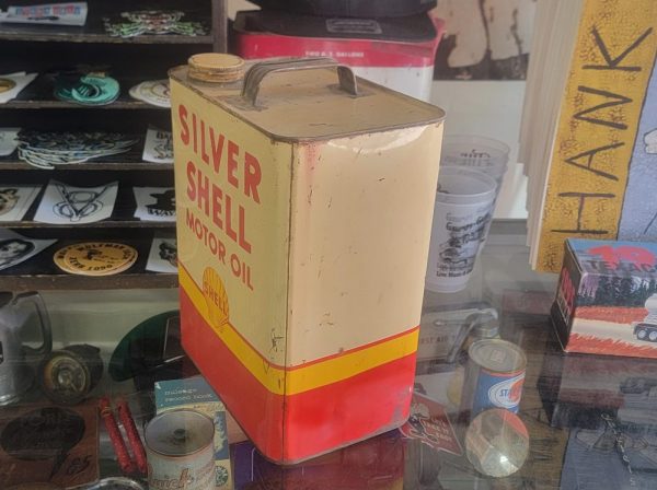 Silver Shell Motor Oil Can Two Gallon Side