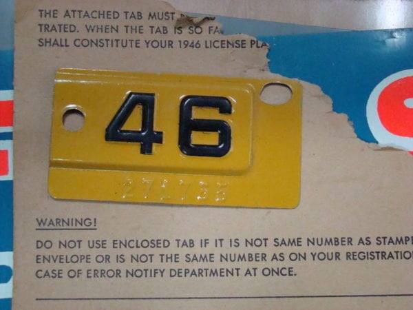 1946 California License Plate Tab, New Old Stock