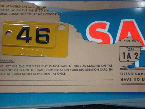 1946 California License Plate Tab, New Old Stock With Paper