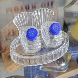 Glass Salt Pepper Set Blue Lids