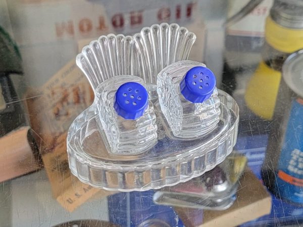 Glass Salt Pepper Set Blue Lids