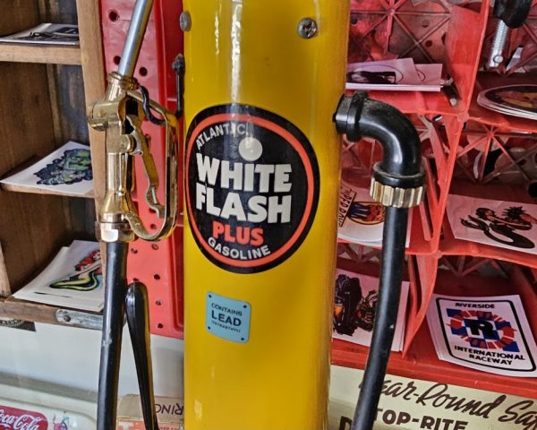 White Flash Gasoline Gravity Gas Pump Replica Front Labels