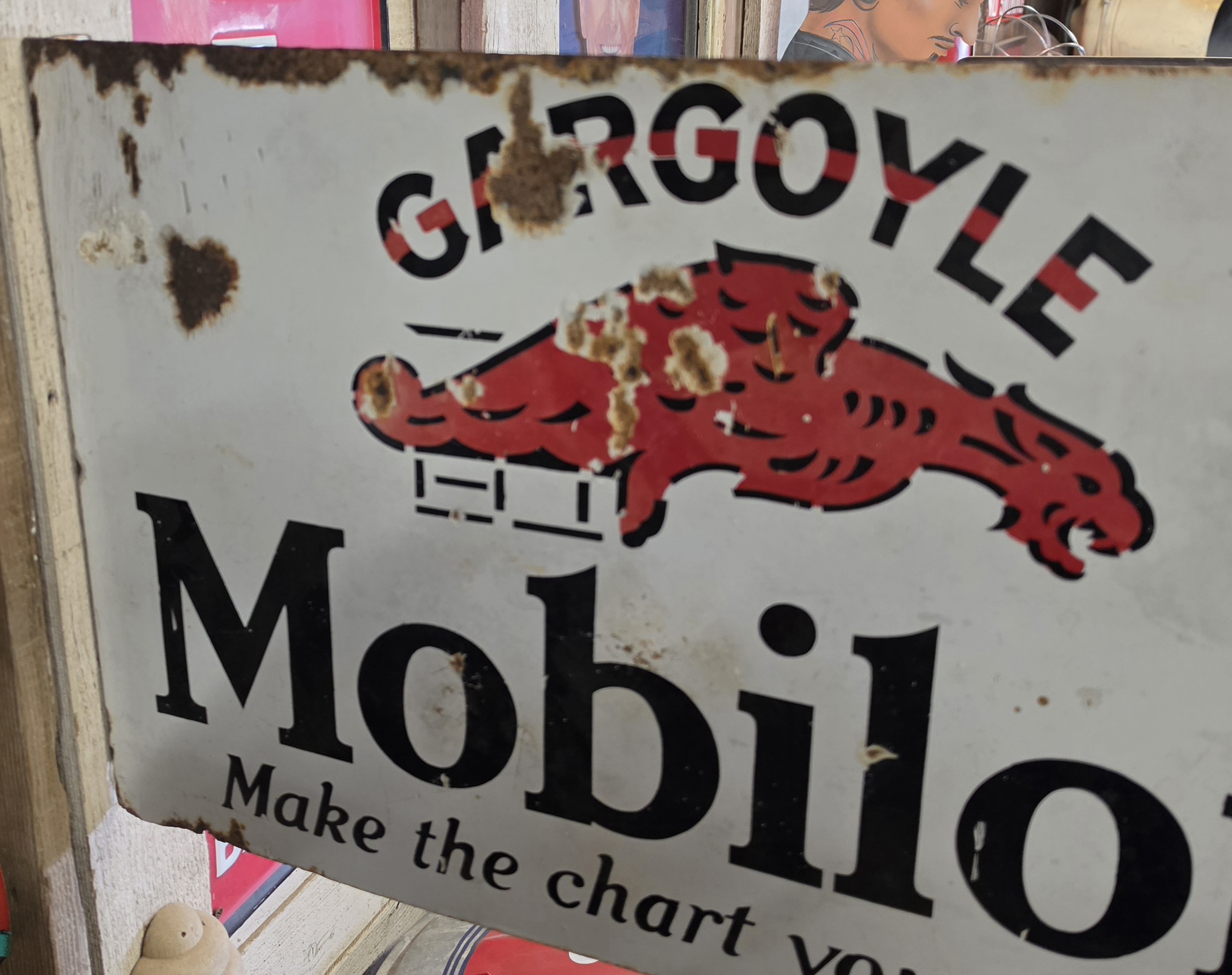 Gargoyle Mobiloil Flange Sign Porcelain Chips