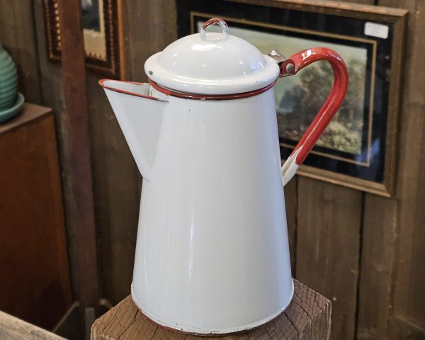 Red White Enamelware Coffee Pot Back