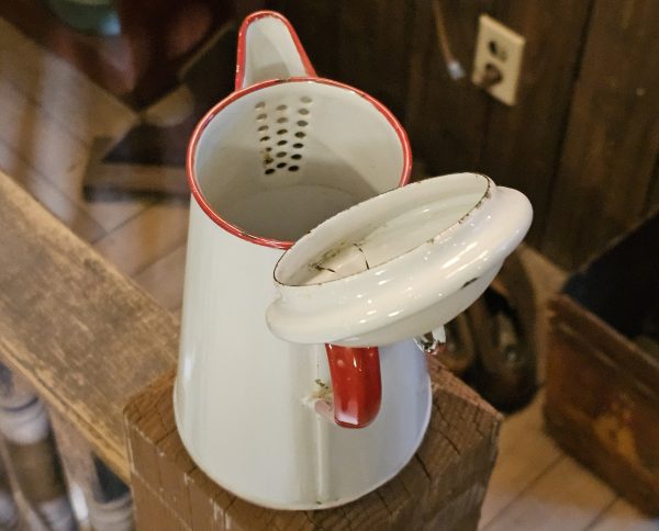 Red White Enamelware Coffee Pot Inside