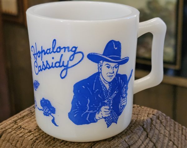 Hopalong Cassidy Milk Glass Mug Set Blue Front