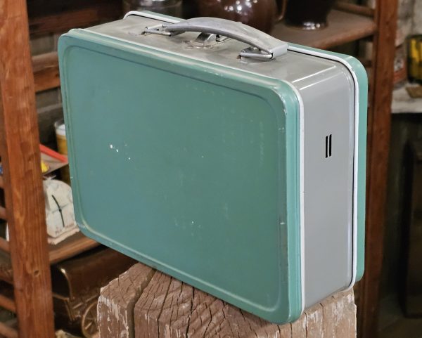 Grey Green Metal Lunchbox Back & Left