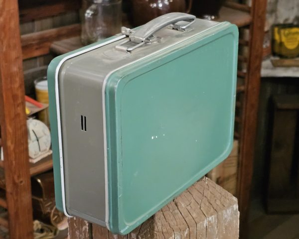 Grey Green Metal Lunchbox Back & Right