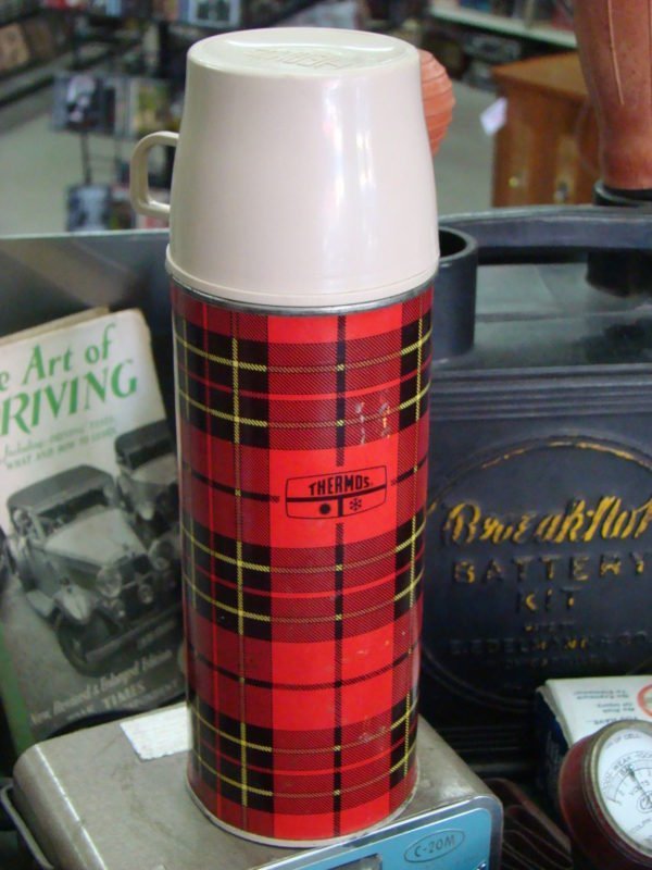 Red Plaid Thermos With Tan Cap