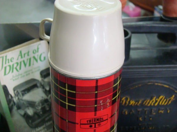 Red Plaid Thermos With Tan Cap Top