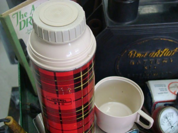 Red Plaid Thermos With Tan Cap Open