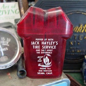 Pepper Up With Jack Hayley's Tire Service Salt Pepper Shaker  1950s new old stock piece.  Very nostalgic.  Combo salt & pepper shaker.