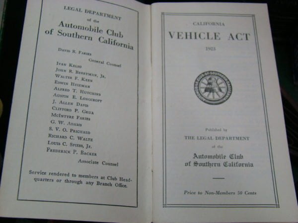 Automobile Club Of Southern California Vehicle Act 1923 Booklet Open