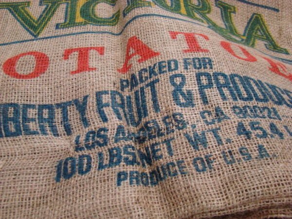 Victoria Potatoes Burlap Sack Writing