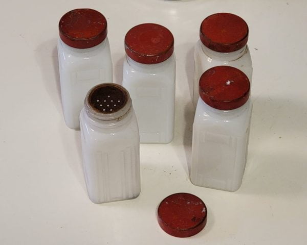 White Glass Kitchen Container Set, Red Lids Shaker Insert