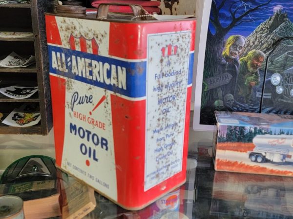 All=American Motor Oil Can Two Gallon Side & Back