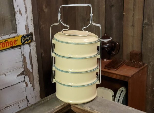 Cream Green Enamelware Lunch Bucket