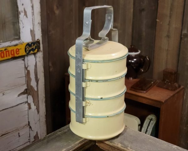 Cream & Green Enamelware Lunch Bucket Side & Back