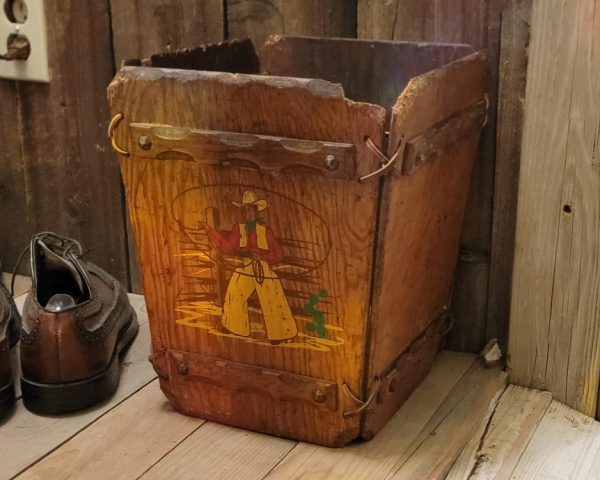 Wooden Cowboy Trash Can, 1940s