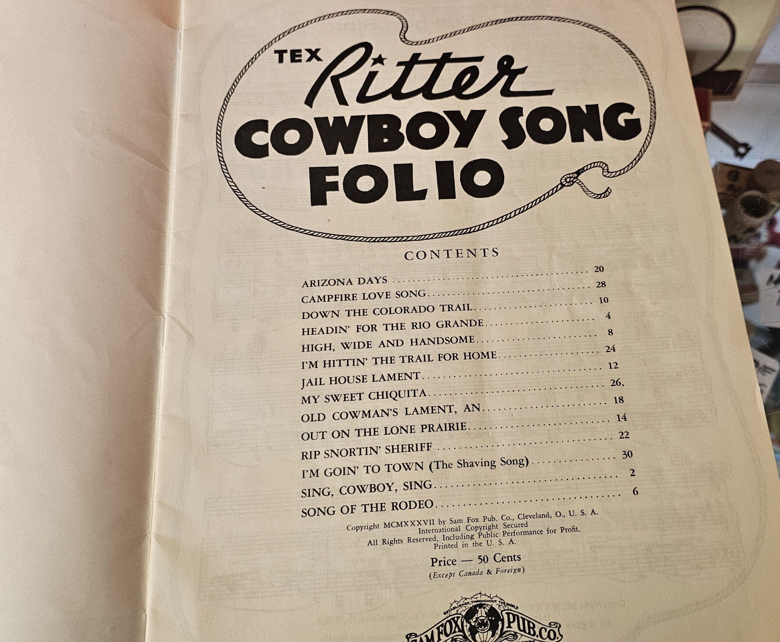 Tex Ritter Cowboy Song Folio Contents